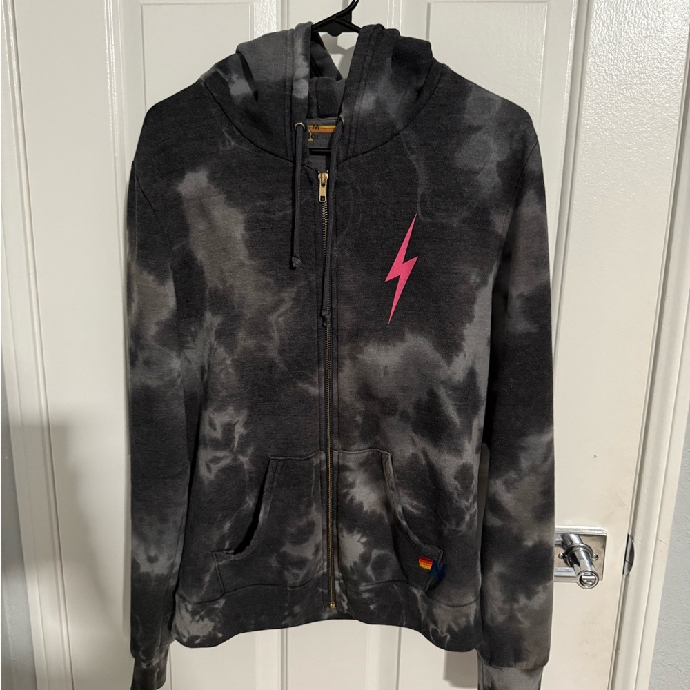 MAKE AN OFFER! Aviator Nation Charcoal Tie-Dye Hoodie with Pink Lightning Bolt